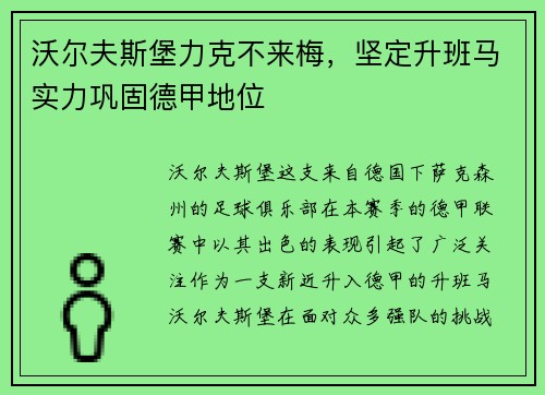 沃尔夫斯堡力克不来梅，坚定升班马实力巩固德甲地位