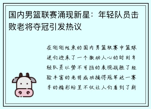 国内男篮联赛涌现新星：年轻队员击败老将夺冠引发热议