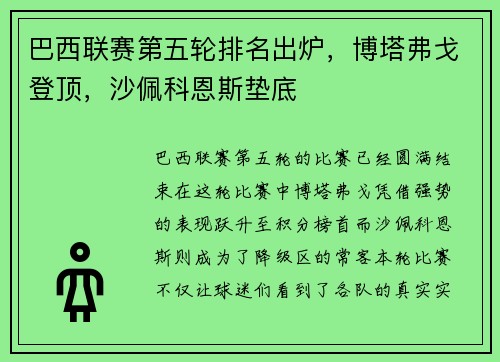 巴西联赛第五轮排名出炉，博塔弗戈登顶，沙佩科恩斯垫底