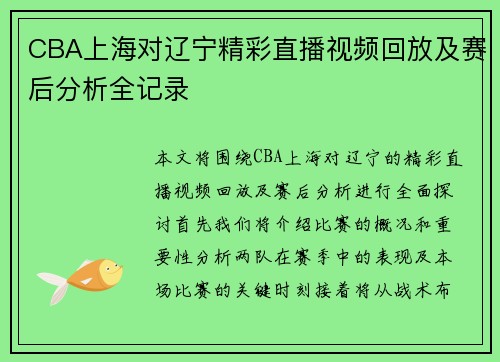 CBA上海对辽宁精彩直播视频回放及赛后分析全记录