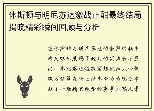 休斯顿与明尼苏达激战正酣最终结局揭晓精彩瞬间回顾与分析