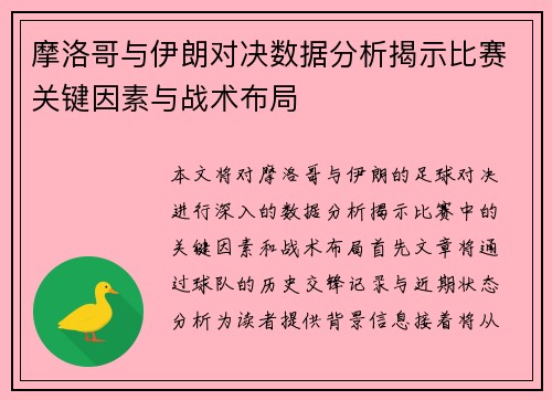 摩洛哥与伊朗对决数据分析揭示比赛关键因素与战术布局