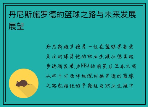 丹尼斯施罗德的篮球之路与未来发展展望