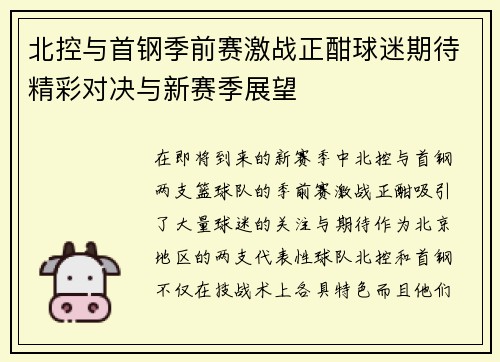 北控与首钢季前赛激战正酣球迷期待精彩对决与新赛季展望