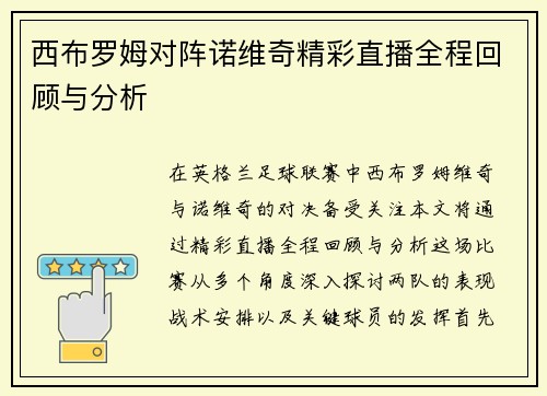 西布罗姆对阵诺维奇精彩直播全程回顾与分析