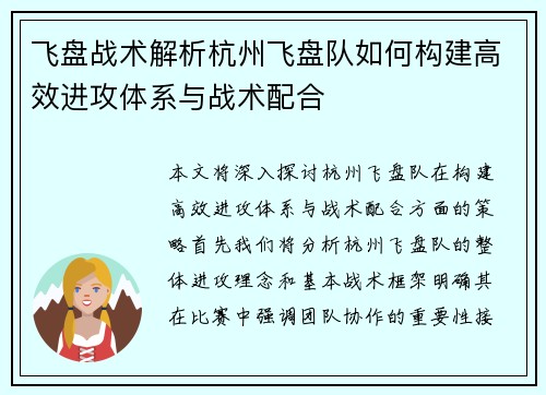 飞盘战术解析杭州飞盘队如何构建高效进攻体系与战术配合
