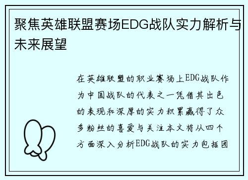 聚焦英雄联盟赛场EDG战队实力解析与未来展望